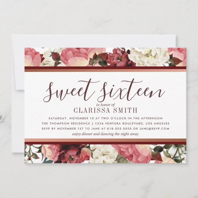 Rose Gold and Burgundy Flowers Sweet Sixteen Invitation (Front)