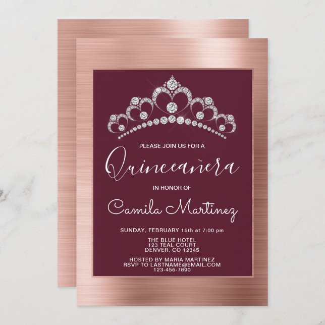 Rose Gold and Burgundy Quinceanera with Tiara Invitation (Front/Back)
