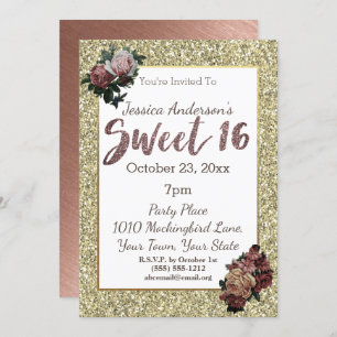 Rose Gold and Faux Glitter Floral Sweet 16 Invitation