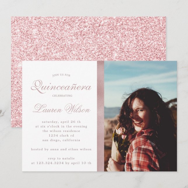 Rose Gold and glitter Quinceanera Photo Invitation (Front/Back)