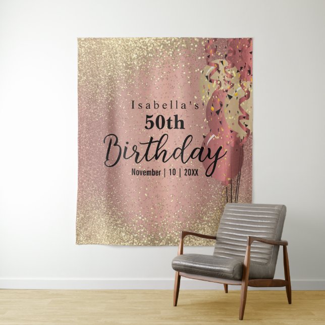 Rose Gold and Gold Glitter Birthday   Tapestry (In Situ)