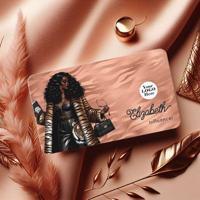 Rose Gold and Gold Tiger Skin Black Woman Boss Business Card (Rose Gold and Gold Tiger Skin Black Woman Boss Business Card)