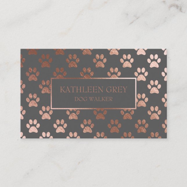 Rose Gold And Gray Paw Print Pattern | Dog Walker Business Card (Front)