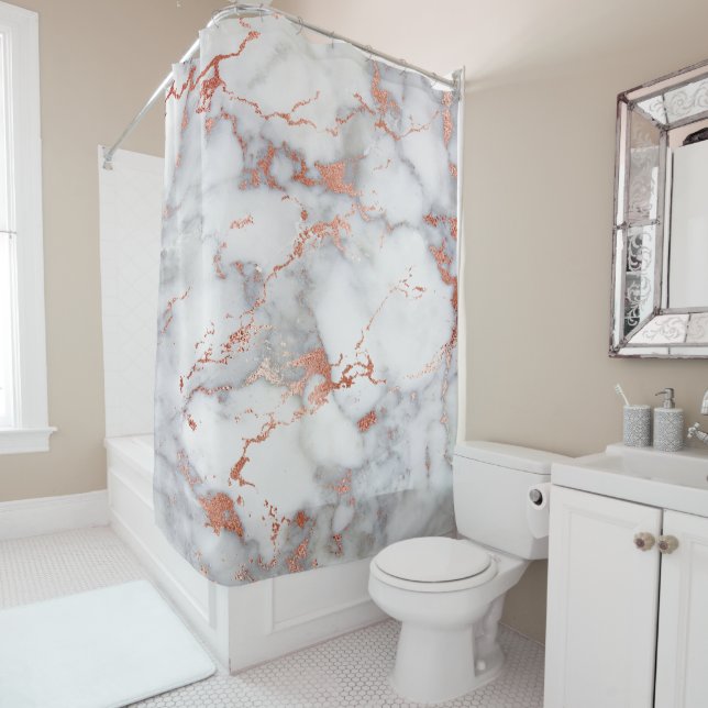 rose gold and grey marble stone shower curtain (In Situ)