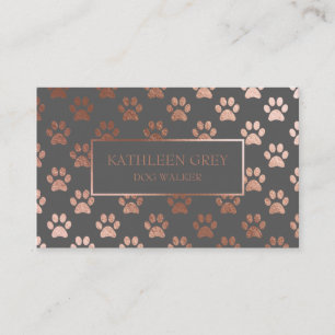 Rose Gold And Grey Paw Print Pattern   Dog Walker Business Card