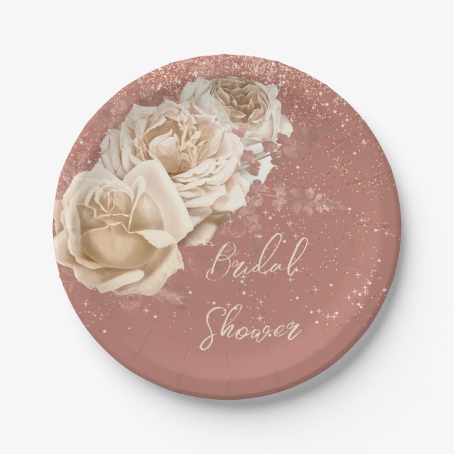 Rose Gold and Ivory Rose Elegant Bridal Shower Paper Plate (Front)