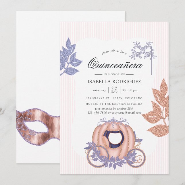 Rose Gold and Lilac Glitter Princess Quinceañera Invitation (Front/Back)