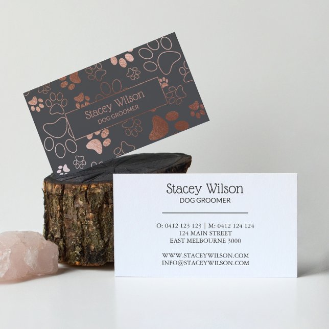 Rose Gold And Mid Grey Dog Walker Paw Print Business Card (Creator Uploaded)