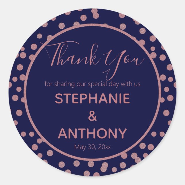 Rose Gold and Navy Blue Confetti Thank You Wedding Classic Round Sticker (Front)