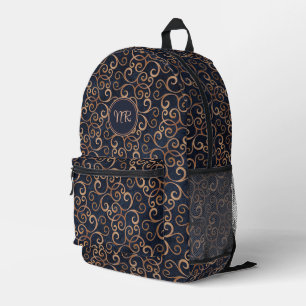 Rose Gold And Navy Blue Damask Pattern Monogrammed Printed Backpack
