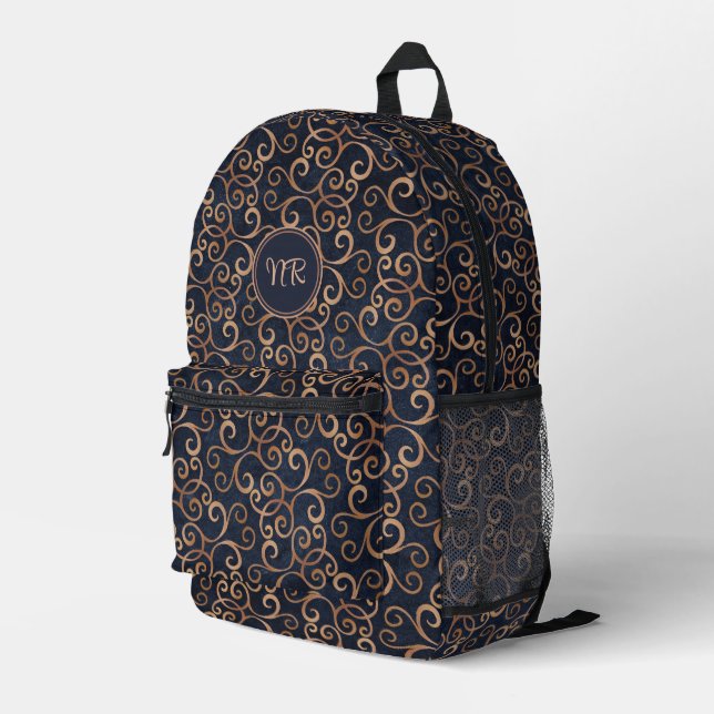 Rose Gold And Navy Blue Damask Pattern Monogrammed Printed Backpack (Back Corner Right)