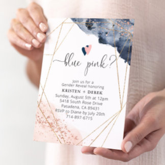 Rose Gold and Navy Blue Watercolor Gender Reveal  Invitation