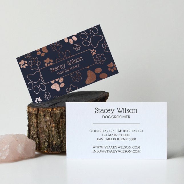 Rose Gold And Navy Dog Walker Paw Print Business Card (Creator Uploaded)
