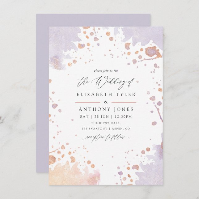 Rose Gold and Pastel Purple Paint Splatter Wedding Invitation (Front/Back)