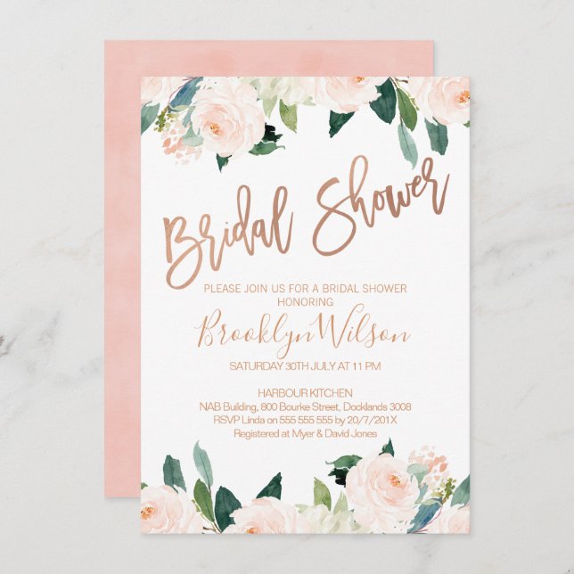 Rose Gold And Pink Floral Bridal Shower Invitation (Front/Back)