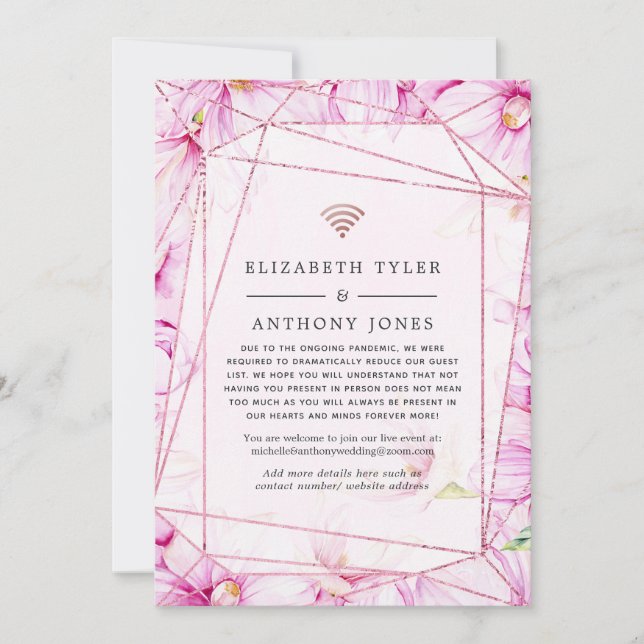 Rose Gold and Pink Floral Geometric Wedding Guest Announcement (Front)