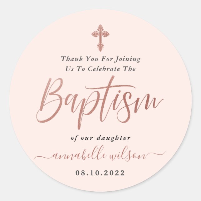 Rose Gold And Pink Girl Baptism Thank You  Classic Round Sticker (Front)