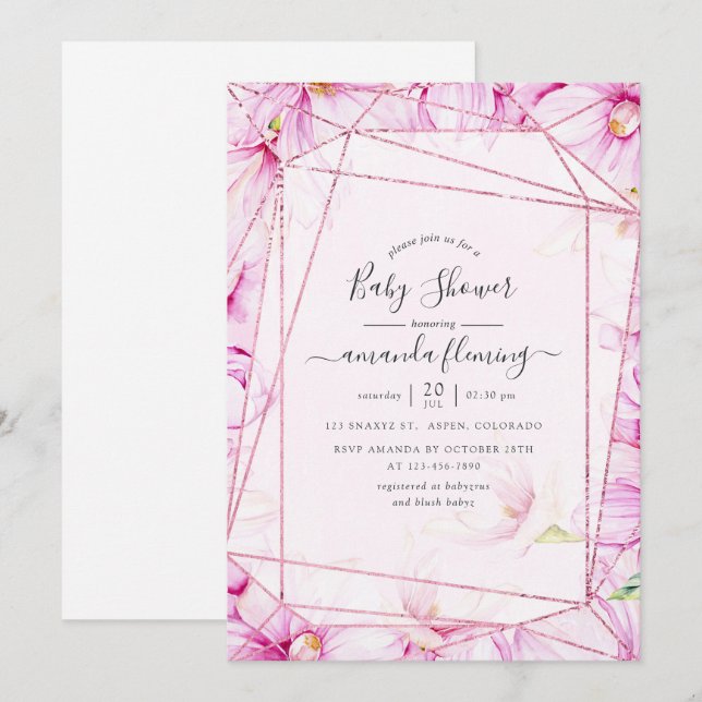 Rose Gold and Pink Magnolia Geometric Baby Shower Invitation (Front/Back)