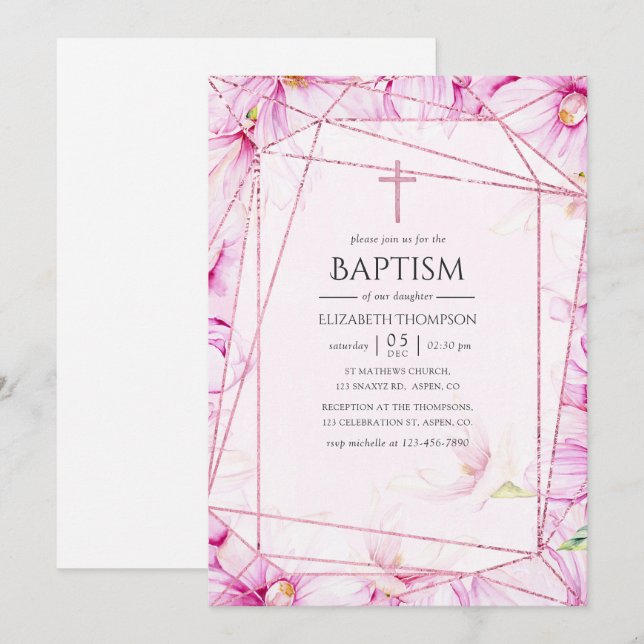 Rose Gold and Pink Magnolia Geometric Baptism Invitation (Front/Back)