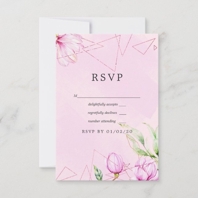 Rose Gold and Pink Magnolia Geometric Wedding RSVP Card (Front)