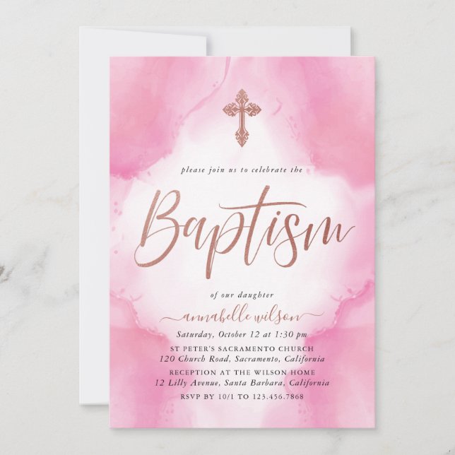 Rose Gold And Pink Watercolor Girl Baptism Invitation (Front)