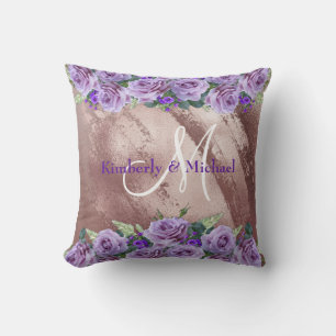 Rose Gold and Purple Floral Monogrammed Cushion