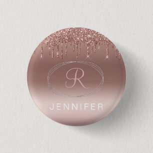 Rose Gold and Silver Glitter Monogram 3 Cm Round Badge
