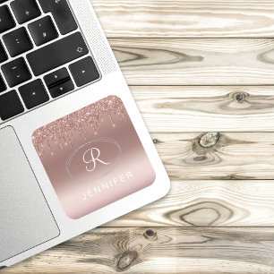 Rose Gold and Silver Glitter Monogram Square Sticker