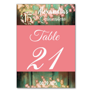 Rose Gold  and Teal Rustic Quinceañera Spanish Table Number