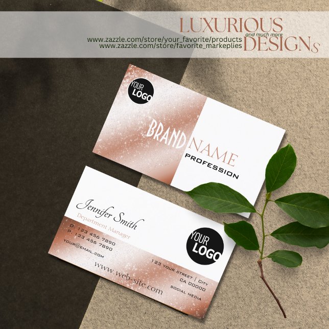 Rose Gold and White Glitter Stars with Logo Modern Business Card (Creator Uploaded)