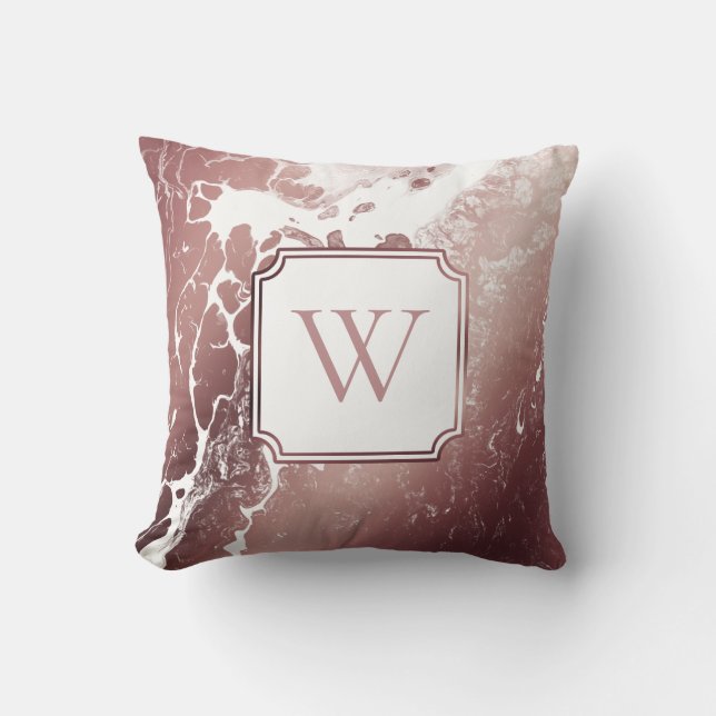 Rose Gold and White Marble Pattern with Monogram Cushion (Front)
