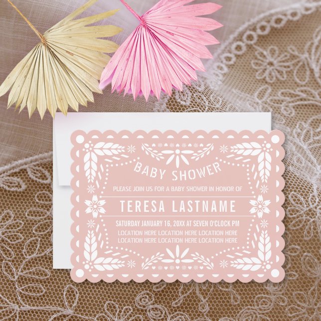 Rose gold and white papel picado baby shower invitation (Creator Uploaded)