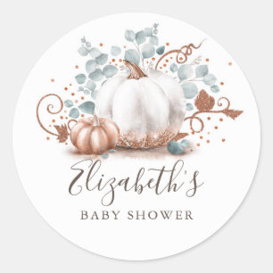 Rose Gold and White Pumpkin Fall Baby Shower Classic Round Sticker