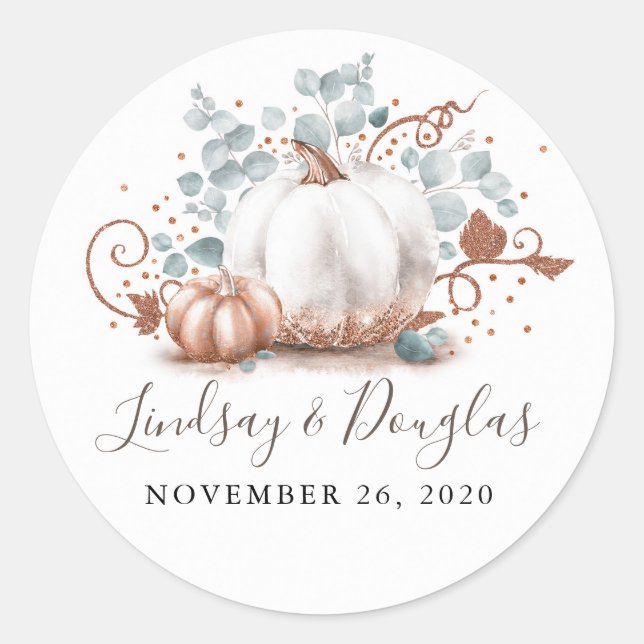 Rose Gold and White Pumpkin Fall Wedding Classic Round Sticker (Front)