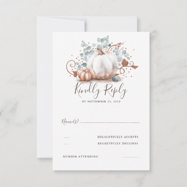 Rose Gold and White Pumpkins Fall Wedding RSVP Card (Front)