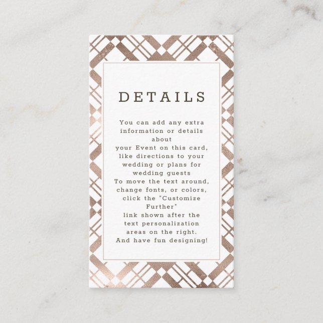 Rose Gold & Any Colour Fall Plaid Wedding Details Enclosure Card (Front)