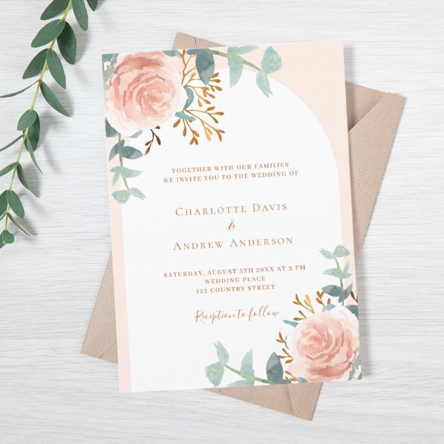 Rose gold arch floral greenery luxury wedding invitation (Creator Uploaded)