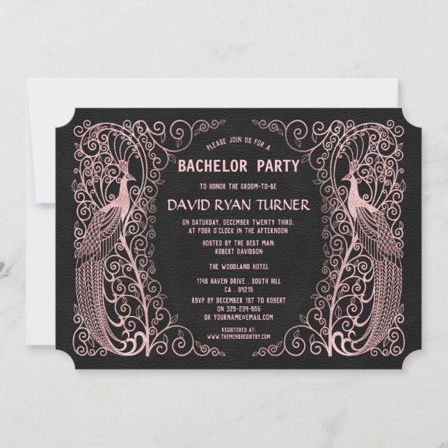 Rose Gold Art Deco Peacock Black Wedding Invite (Front)