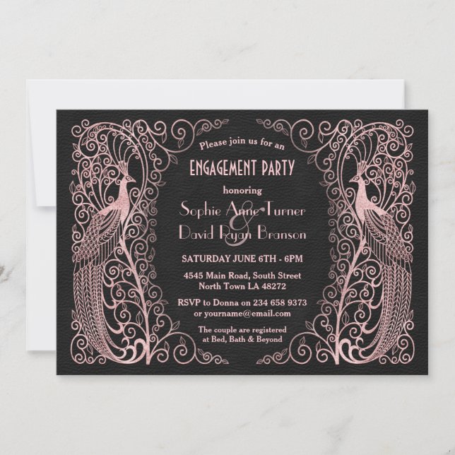 Rose Gold Art Deco Peacock Engagement Party Invitation (Front)