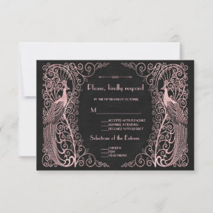 Rose Gold Art Deco Peacocks Black RSVP Card