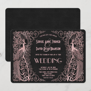 Rose Gold Art Deco Peacocks Black Wedding Invite