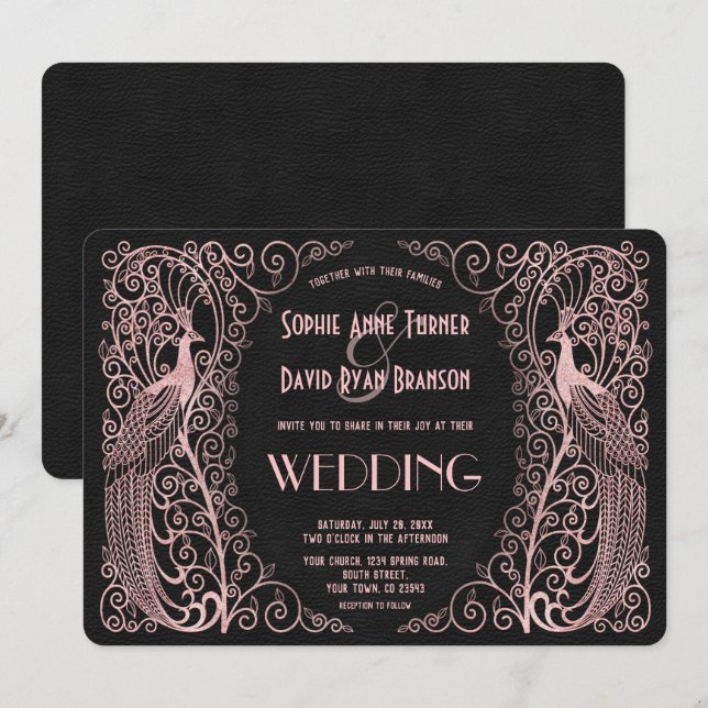 Rose Gold Art Deco Peacocks Black Wedding Invite (Front/Back)