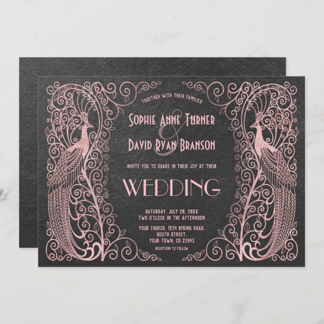 Rose Gold Art Deco Peacocks Black Wedding Invite (Front/Back)