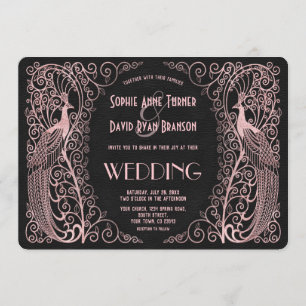 Rose Gold Art Deco Peacocks Black Wedding Invite