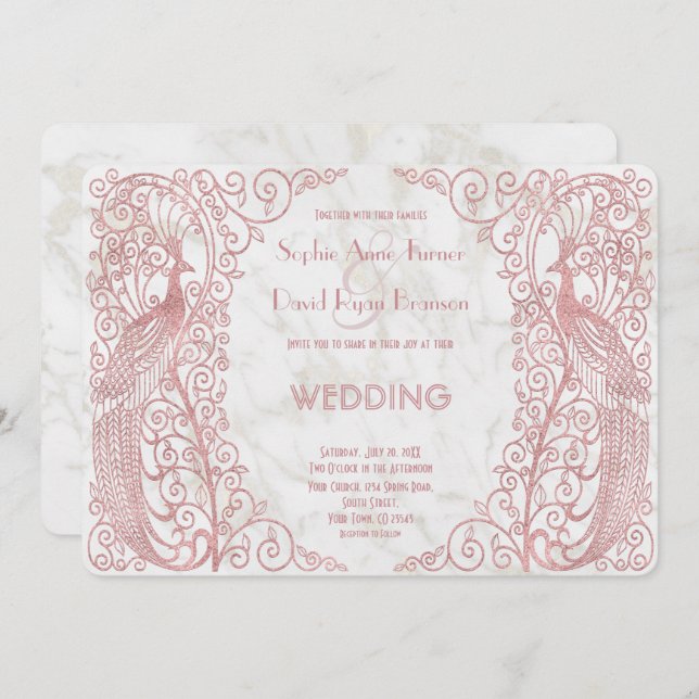Rose Gold Art Deco Peacocks Wedding Invitation (Front/Back)