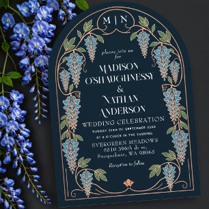 Rose Gold Art Nouveau Blue Wisteria Wedding Arch Invitation
