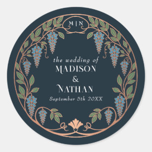 Rose Gold Art Nouveau Blue Wisteria Wedding Classic Round Sticker
