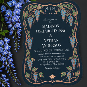 Rose Gold Art Nouveau Blue Wisteria Wedding Invitation