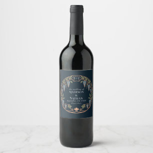 Rose Gold Art Nouveau Blue Wisteria Wedding  Wine Label