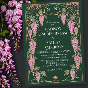 Rose Gold Art Nouveau Pink Wisteria Wedding Invitation